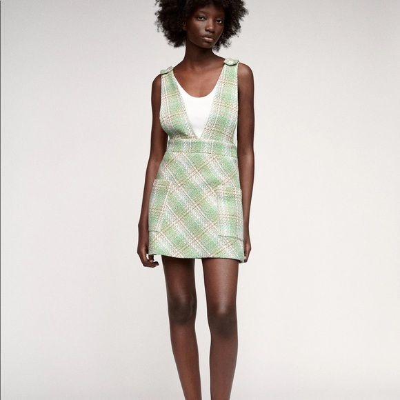 New Zara Textured Mini Dress XS Green White Overalls - Picture 6 of 9